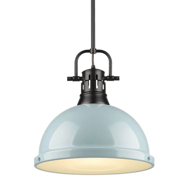 Golden Lighting Duncan 1 Light 14 Inch Pendant in Black with a Seafoam Shade 3604-L BLK-SF